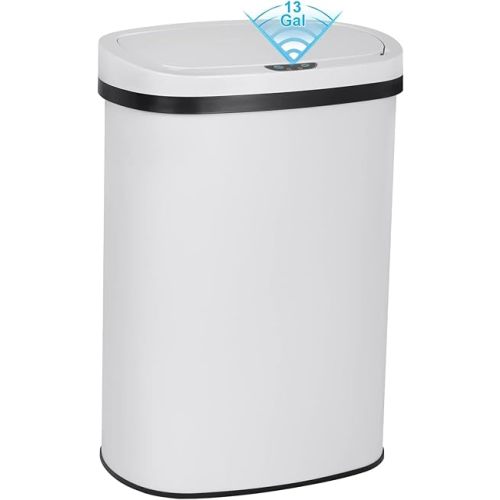 13 Gallon Touch Free Automatic Stainless Steel Trash Can Garbage Can Metal Trash Bin with Lid for Kitchen Living Room Office Bathroom, Electronic Motion Sensor Automatic Trash Can - White