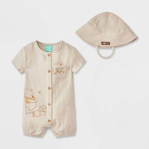 Baby Boys' 2pc Disney Winnie The Pooh Gauze Romper and Hat Set - Oatmeal Newborn
