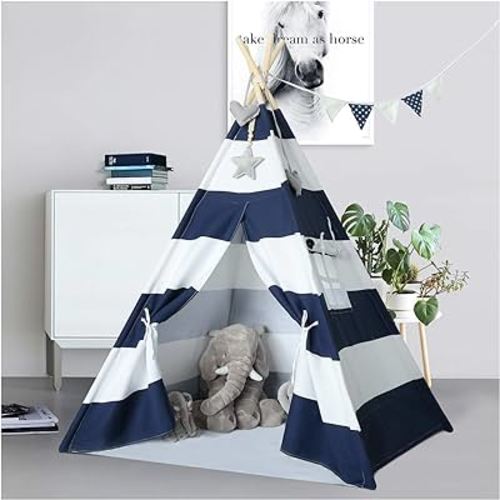 Ukadou Kids Teepee Tent for Boys Navy White Stripe Teepee Tent Indian Canvas Tents for Toddlers Indoor Playhouse Play Tent for Kids