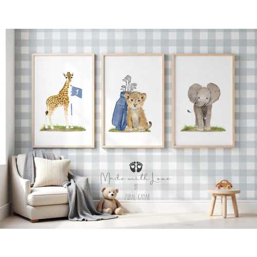 Golf Nursery Safari Decor, Golf Animals Nursery Prints , Golf Safari Animals Baby Shower Baby, Sports Golf Animal Prints Watercolor Golf