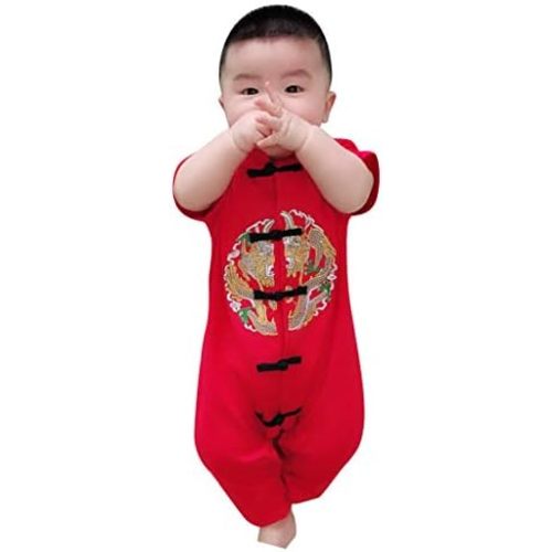 Chinese New Year Outfit Tang Suit for 0-24M Baby Girls Boys Clothes Embroidery Style Long Romper Short Sleeve Outfit
