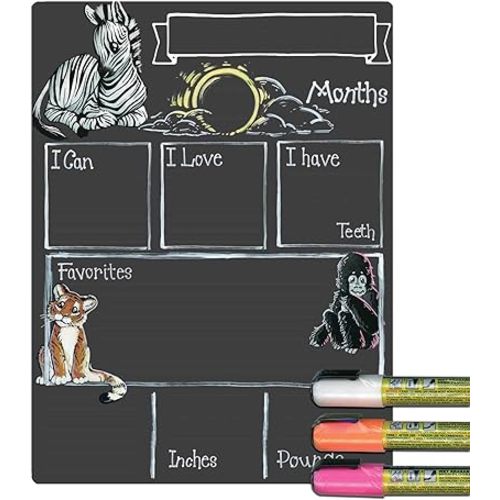 Cohas Monthly Milestone Board for Baby with Zoo Theme, Reusable Chalkboard Style Surface, and Liquid Chalk Markers, 9 by 12 Inches, 3 Bright Markers