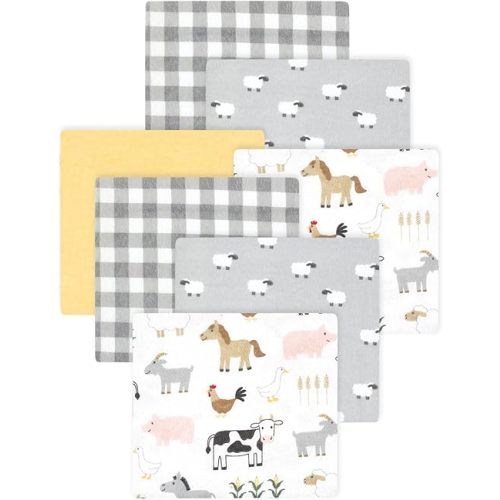 Little Treasure Hudson Baby Cotton Poly Flannel Receiving Blankets Multipack, Grey Cute Farm, 30x30 inches