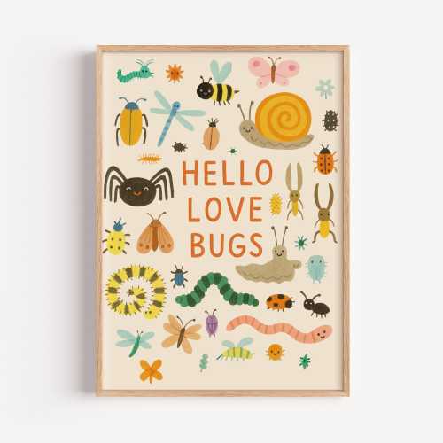 Hello Love Bugs Digital Wall Art – Cute Insect Printable for Nursery, Kids Room or Playroom – Whimsical Nature-Inspired Download