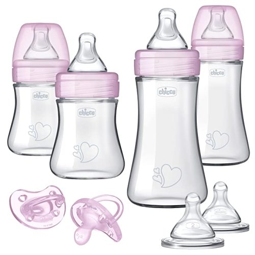 Chicco Duo Newborn Hybrid Baby Bottle Starter Gift Set with Invinci-Glass Inside/Plastic Outside - Pink - Starter 8 piece gift set