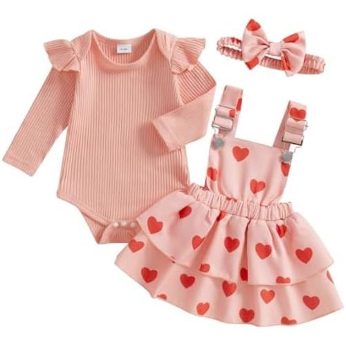 Baby Girls Fall Outfits with Bow Headband Button Love Heart Crew Neck Long Sleeve Rompers with Suspender Skirts Set