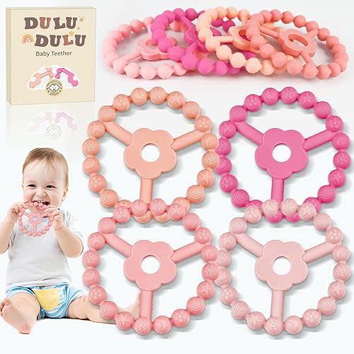 4 Pack Silicone Baby Teething Toys, Teething Rings for Babies 0-6 6-12 Months Newborn Baby Teethers Girl Relief Soothe Baby's Gums Infant Toys Gifts Baby Girls Boys Sweet Pink
