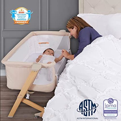 Evolur Stellar Bassinet and Bedside Sleeper, Easy to Fold and Carry, Lightweight and Portable Baby Bassinet, Height Adjustable, Mattress Pad Included, Beige