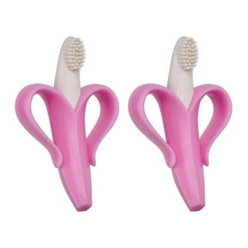 Maison Banana Teether, Self-Soothing Pain Relief Soft Silicone Teething Toy Pink (2 Pack)