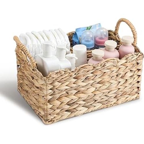 Chunful 1 Pack Wicker Diaper Caddy Organizer Scalloped Edge 9.5 x 13.5 x 7 Inches Rattan Basket Woven Natural Basket Storage Organizer Handmade for Baby Shower Gifts Newborn Storage