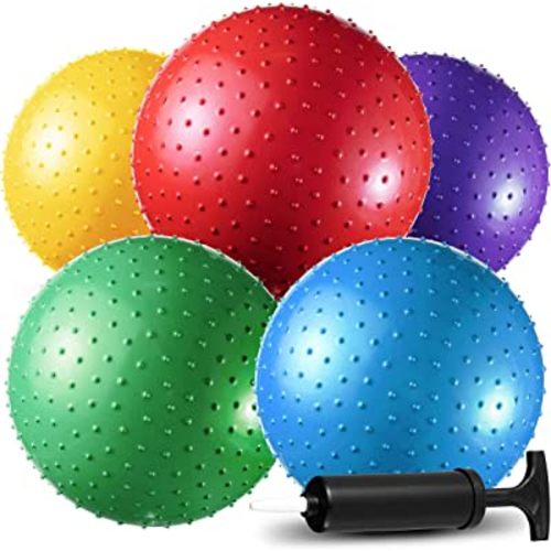 Bedwina Big Knobby Balls - (Pack of 5) 18 Inch Fun Bouncy Balls for Toddlers and Kids – Plus Added Hand Air Pump, Great for Tactile Sensory Balls, Spiky Stress Ball, Fidget Toys, and Party Favors