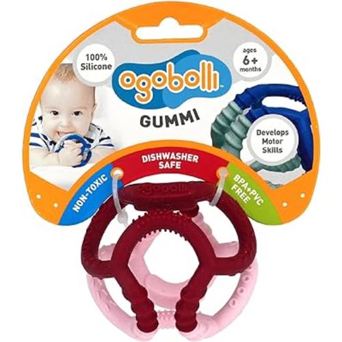 OgoBolli Gummi Teether Ring Textured Sensory Ball Toy for Babies & Toddlers - Stretchy, Soft Non-Toxic Silicone - Boys and Girls Age 6+ Months - Pink Grapefruit