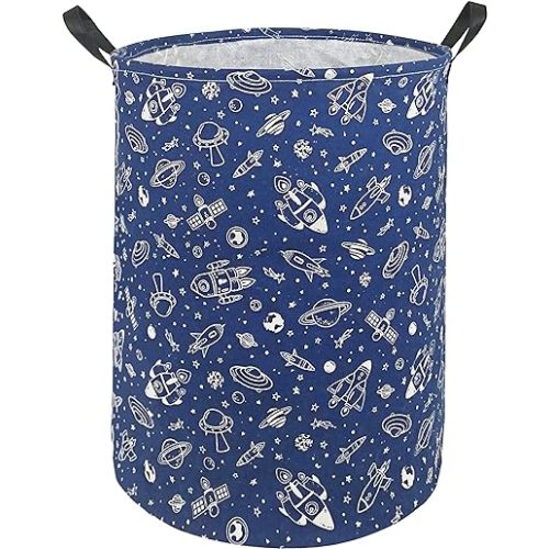 KUNRO Large Storage Basket Toy Box Laundry Bag Foldable Hamper Clothes Kids Gift Organizer Chest Waterproof Coating Organizer Bin Dorm Nursery (navy Spaceship)