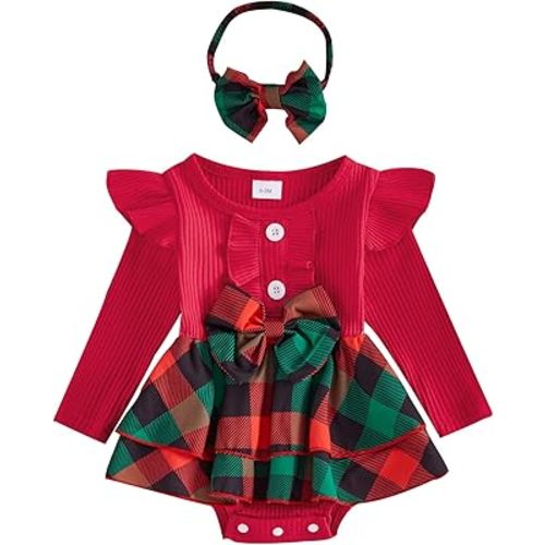 MoZiKQin Baby Girl Thanksgiving Outfit Newborn Romper Dress Ribbed Ruffle Skirt Hem Jumpsuit Cute Fall Clothes+Headband