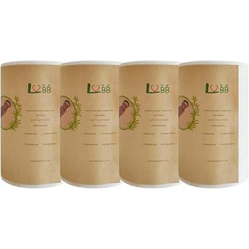 LVBB 100% Bamboo Unscented Biodegradable Cloth Diaper Liners, Gentle and Soft Diaper Liners, Fragance Free and Chlorine Free Cloth Diaper Liners Disposable,100 Counts/Roll (Pack of 4)