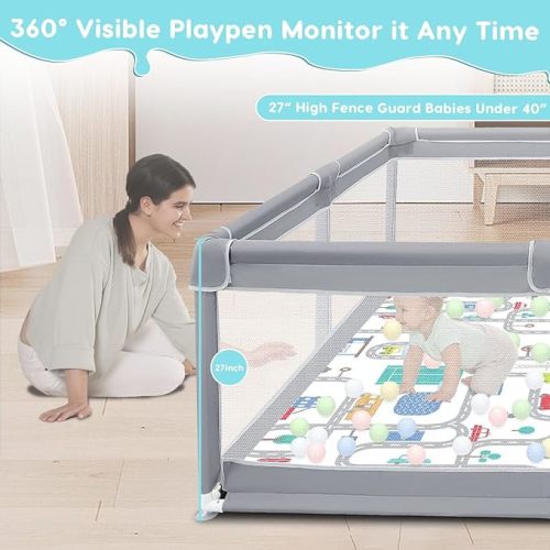 Baby Playpen with Mat, Baby Playpens for Babies and Toddlers, Baby Fence Play Pen for Indoor & Outdoor, Sturdy Safety Play Yard with Soft Breathable Mesh, 50 * 50 * 27 inches Grey - 50*50 IN+MAT