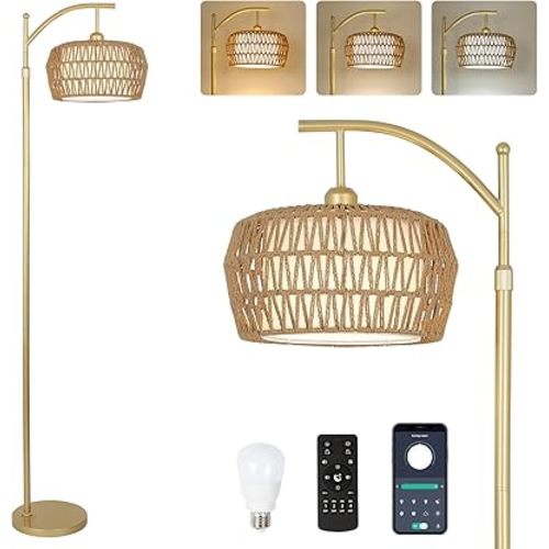Gold Floor Lamps for Living Room, Boho Rattan Floor Lamp with Remote and Dimmable Bulb, 3 Color Temperatures, Modern Arc Standing Lamp with Wicker Shades, Farmhouse Tall Lamp for Bedroom