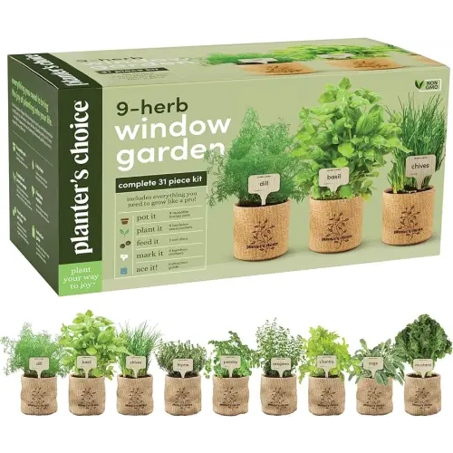 9 Herb Indoor Window Garden Kit - House Plants Seeds - Best Unique Gift Ideas for Women, Mom, Friend, Her, Birthday, Housewarming, Mother - New Home Kitchen Gifts - Live Plant Starter (Burlap Pots)
