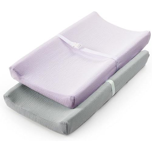 TILLYOU Muslin Changing Pad Cover for Baby Girls Boys, Soft and Breathable Cotton Diaper Changing Table Cover, 2 Pack(Grey&Purple)
