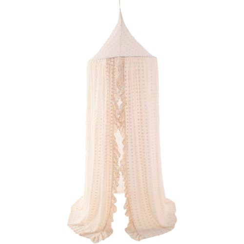 Wonder Space Elegant Kids Bed Canopy - Lace Chiffon Netting with Pom Pom, Princess Girls Fairy Dream Tent, Nursery Room Baby Crib Hanging Curtain Mosquito Net Children Reading Nook Decoration (Beige)