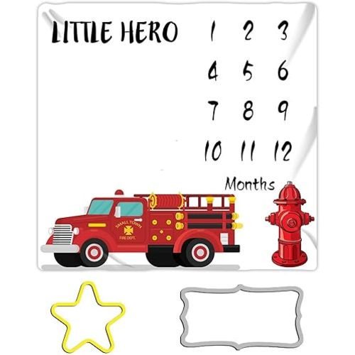 Firemen Baby Monthly Milestone Blanket for Boys, Fire Truck Little Hero Photo Balnket, 48x48in, Baby Milestone Blanket for Newborn Baby Shower BTZDME8