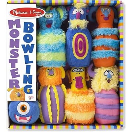 Melissa & Doug Fuzzy Monster Bowling Pins & Ball With Mesh Storage Bag (8-Piece Set) - Toddler Plush Indoor Bowling Set, Monster Bowling Set For Toddlers And Kids Ages 2+