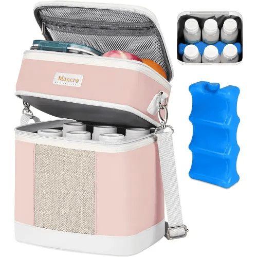 Mancro Breast Milk Cooler Travel Bag with Ice Pack, Double Layer Baby Bottle Cooler Bag Fits 6 Bottles Up to 9 Ounces,Insulated Bottle Bags for Daycare & Travel,Pink