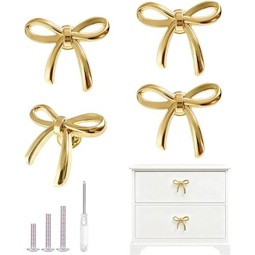Gold Cabinet Knobs, Brushed Bow Drawer Pulls, Gold Knobs for Dresser Drawer Cupboard Furniture Closet Wardrobe Door Knobs Handles (Bow Shape- 4 Pack)