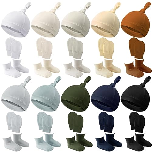 Toulite 10 Set Newborn Baby Socks Hat and Mittens Soft Ankle Sock Newborn Beanie Mitten for Boys Girls Infant