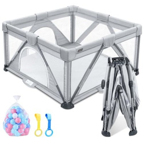 ANGELBLISS Baby Playpen, Foldable Playpen for Babies and Toddlers, Indoor & Outdoor Baby Activity Center with Visible Breathable Mesh, Portable Play Yard with 2 Handlers+50 Balls-50”×50”(Grey)