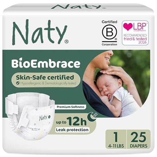 Naty BioEmbrace Baby Newborn Diapers, Size 1 (4–11 lbs), 25 Count | Hypoallergenic for Sensitive Skin, Up to 12 Hour Leak Protection, Absorbent, Plant-based teddy softness, Premium comfort