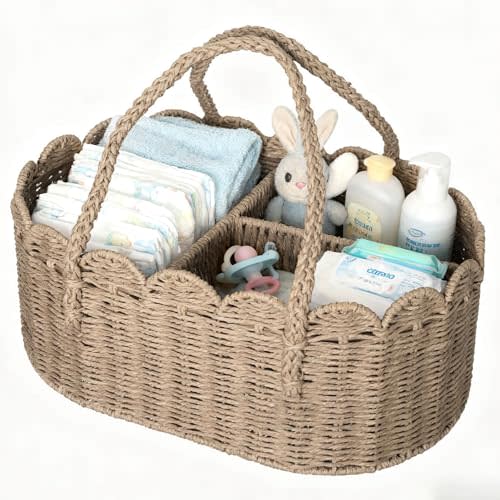 Diaper Caddy Organizer, Paper Rope Storage Baskets Nursery Bin with Removable Divider, Portable Car Organizer for Diapers, Baby Shower Gifts, Newborn Essentials Must Haves (Beige)