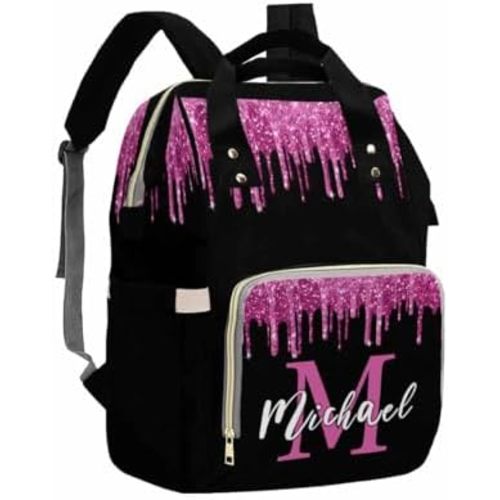 Artsadd Customized Diaper Bag with Name, Custom Pink and Black Diaper Backpack for Mom Personalized Mommy Nursing Bags Casual Backpack for Women Mother's Day