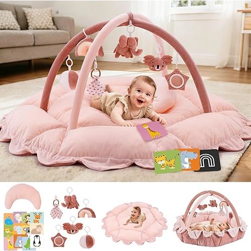 5-in-1 Baby Activity Gym & Play Mat with 6 Hanging Toys, Tummy Time Pillow & Cards - Extra Large, Reversible Machine Washable Pad - Gift for Newborns, Infants 0-12 Months, Pink