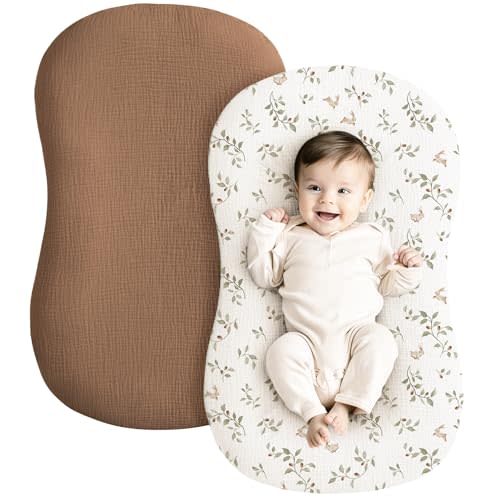 Konssy Muslin Baby Lounger Cover 2 Pack, 100% Cotton Newborn Lounger Cover, Soft and Breathable Lounger Slipcover for Boys Girls, Covers Only (Rabbit,Chestnut)