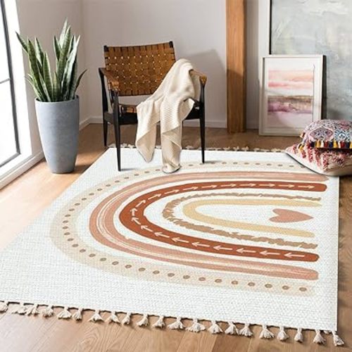 Boho Rug Scandinavian Nursery Rainbow Print for Playroom with Neutral Area Carpet Patio Hallway Runner Mat Pad Minimalist Home Decor Living Room Bedroom Indoor Outdoor, Multi3, 90x150cm