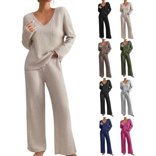 2 Piece Outfits for Women Knit Sweater Long Sleeve Crewneck Tops and Wide Leg Pants 2024 Ribbed Fall Lounge Set