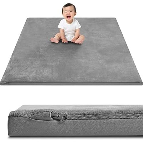 Baby Play Mat for Floor 50x50 – Reversible Vegan Leather & Velvet Playpen Mat, Extra Thick Foam, Waterproof Crawling Mat, Easy Wipe-Clean Floor Mat for Infants and Toddlers, Grey