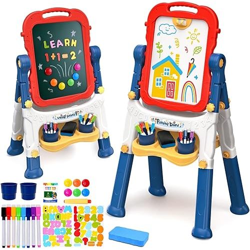 Easel for Kids, Toddler Easel, Double-Sided Chalk Board Kid, White Board, Kid Art Easel, Art Easel Age 4-8, Christmas Gift, Red&Blue