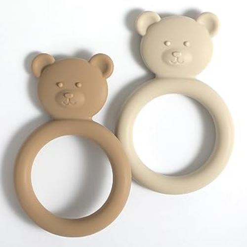 Silicone Baby Teether, Teething Toy Ring for Babies, Easy to Hold Design, BPA Free (Sand + Light Grey)