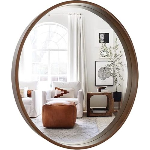WallBeyond Round Wood Mirror, 32" Round Modern Decoration Large Circle Decor Mirror for Bathroom Living Room Bedroom Entryway (32" Diameter, Walnut)