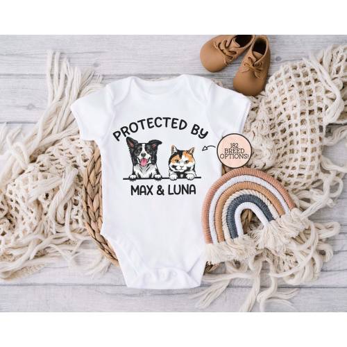 Baby Shower Gift, Protected By Dog Onesie®, Custom Pet Onesie®, Personalized Dog Name Onesie®, Baby Gift, Custom Cat Baby Onesie®