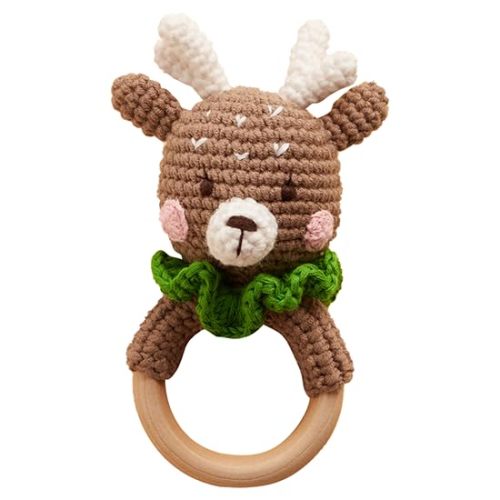 Chippi & Co Crochet Baby Rattle, Crochet Baby Toys, Stuffed Baby Doll, Organic Wooden Newborn Toys, Knitted Stuffed Animals for Babies Boy, Girl, Mom and Dad Gifts for New Parents (Baby Reindeer)