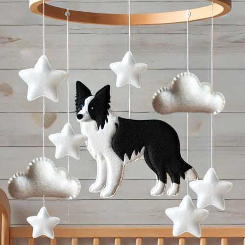 Felt Baby Crib Mobile- Border collie baby mobile-dog baby mobile- border collie, black and white, organic, gender neutral
