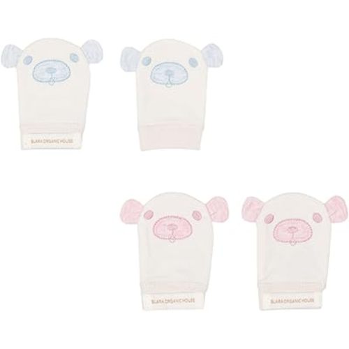[Organic Cotton] Unisex-baby Mitts (2-Pair Set), Anti Scratch Baby Mittens, No Scratch, Baby Gloves for 0-6 Months Newborn Boys Girls, Accessory, Cutie Bear Pattern, 2 Colours (Pink & Blue)