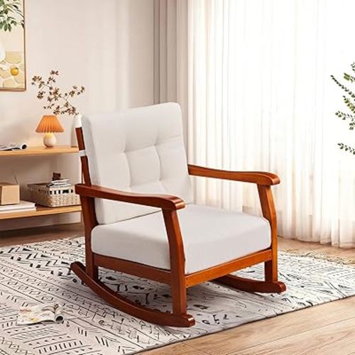 Outvita Upholstered Rocking Chair, Glider Chair Nursery Chair with High Back & Pillow, Mid-Century Accent Chair for Living Room Bedroom Nursery Outdoor, Teak Color