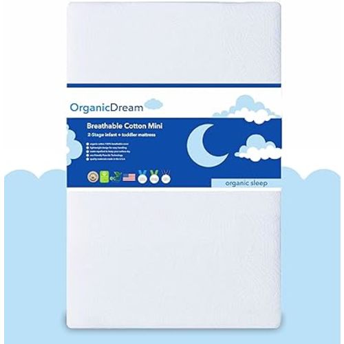 ORGANICDREAM 5" Mini Crib Mattress - 100% Breathable Proven to Reduce Suffocation Risk - GREENGUARD I 2-Stage I Washable I Extra Firm Infant Side and Plush Toddler (38x24x5) - Deluxe 5" Thick