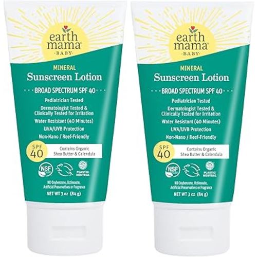 Earth Mama Baby Mineral Sunscreen Lotion SPF 40 | Reef Safe, Non-Nano Zinc, Natural Water Resistant Sun Cream for Babies, Kids & Adults, 3-Ounce (2-Pack)