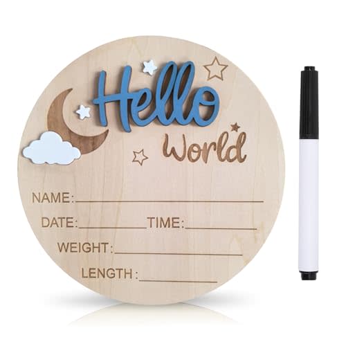 Baby Announcement Sign, 5.9 Inch Wooden Hello World Newborn Signs, Birth Announcement Sign and Pen, Moon and White Cloud Decoration, Welcome Newborn Arrival to World (Navy Blue)