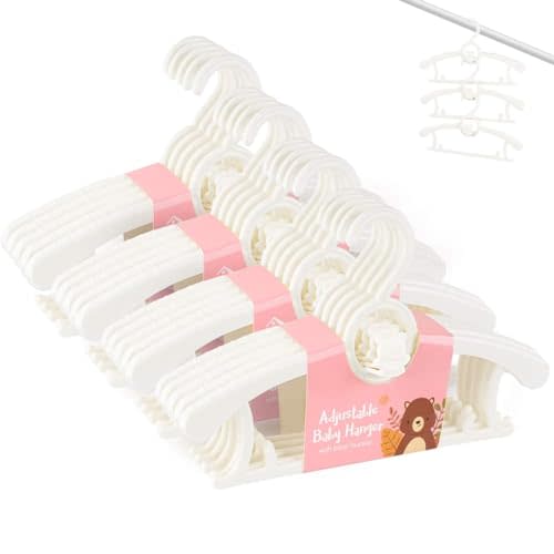 HGYZE Baby Hangers for Closet 20pcs, White Kids Clothes Hanger Plastic, 11-14" Adjustable Bulk Perchas for Newborn, Non-Slip Children Outfit Bear Hanger for Girl Boy Toddler Infant Nursery Clothing